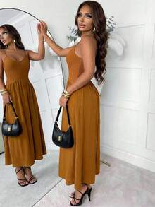 Slaydiva 早春新款、春夏音乐节、情人节、复活节、波西米亚风、游牧风、休闲简约风、邮轮派对、生日派对、日常约会、休闲度假、优雅通勤、露背、深V领、修身A字裙、质感、针织面料、梭织面料、橙红色连衣裙、女士长裙 -A - 鏽棕色 - 查看 2