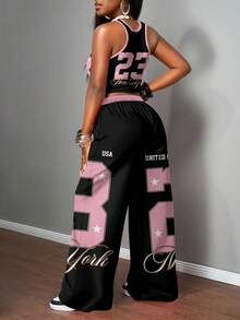 Slaydiva 2 piezas Conjunto de mujer de estilo casual de calle con camiseta ajustada y pantalones anchos de pierna ancha, adecuado para usar en la calle - Multicolor - Ver 5