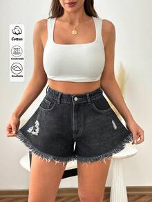 SHEIN Women Washed Detail Relax Fit Frayed Hem Mini Denim Short - Dark Wash - View 5