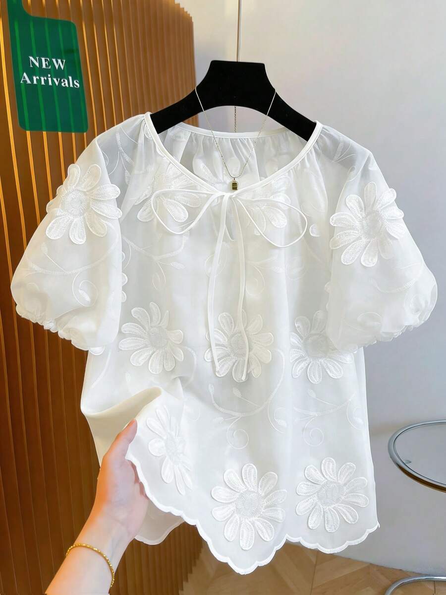 Franclia Women's Embroidered Decorative Short Sleeve Top - White - View 1