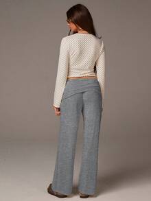 Athîral Women's Casual Solid Color Fold-Over Waist Straight Leg Pants - Grey - View 2