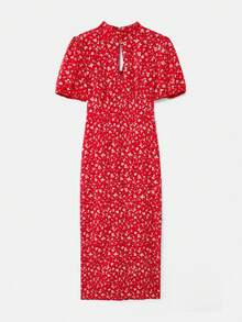 lacRébo Váy dệt ôm dáng phong cách cổ điển in hoa đen kèm váy dạ hội cổ cao, trang phục công sở cho nữ, váy hoa đen, váy kiểu Pháp, váy thu - Đỏ - Xem 9