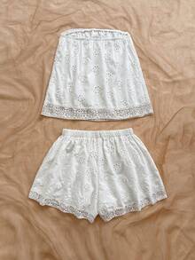 Soleia Conjunto casual de 2 piezas con top tubo bordado y shorts para mujer - Blanco - Ver 2