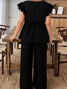 Breezaya Plus Size Women Lace Top And Wide Leg Pants Casual 2 Pieces Set - Black - View 2