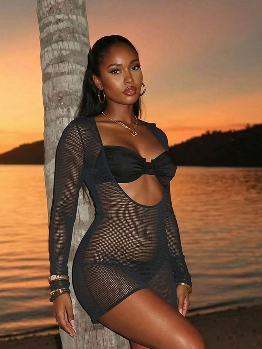 Summer Beach Plunge Neck Slit Cuff Cover Up Without Bikini Top - Black - View 1