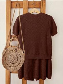 Breezaya Women's Solid Color Round Neck Short Sleeve Top And Drawstring Waist Shorts Casual Knit 2-Piece Set - Chocolate Brown - View 2