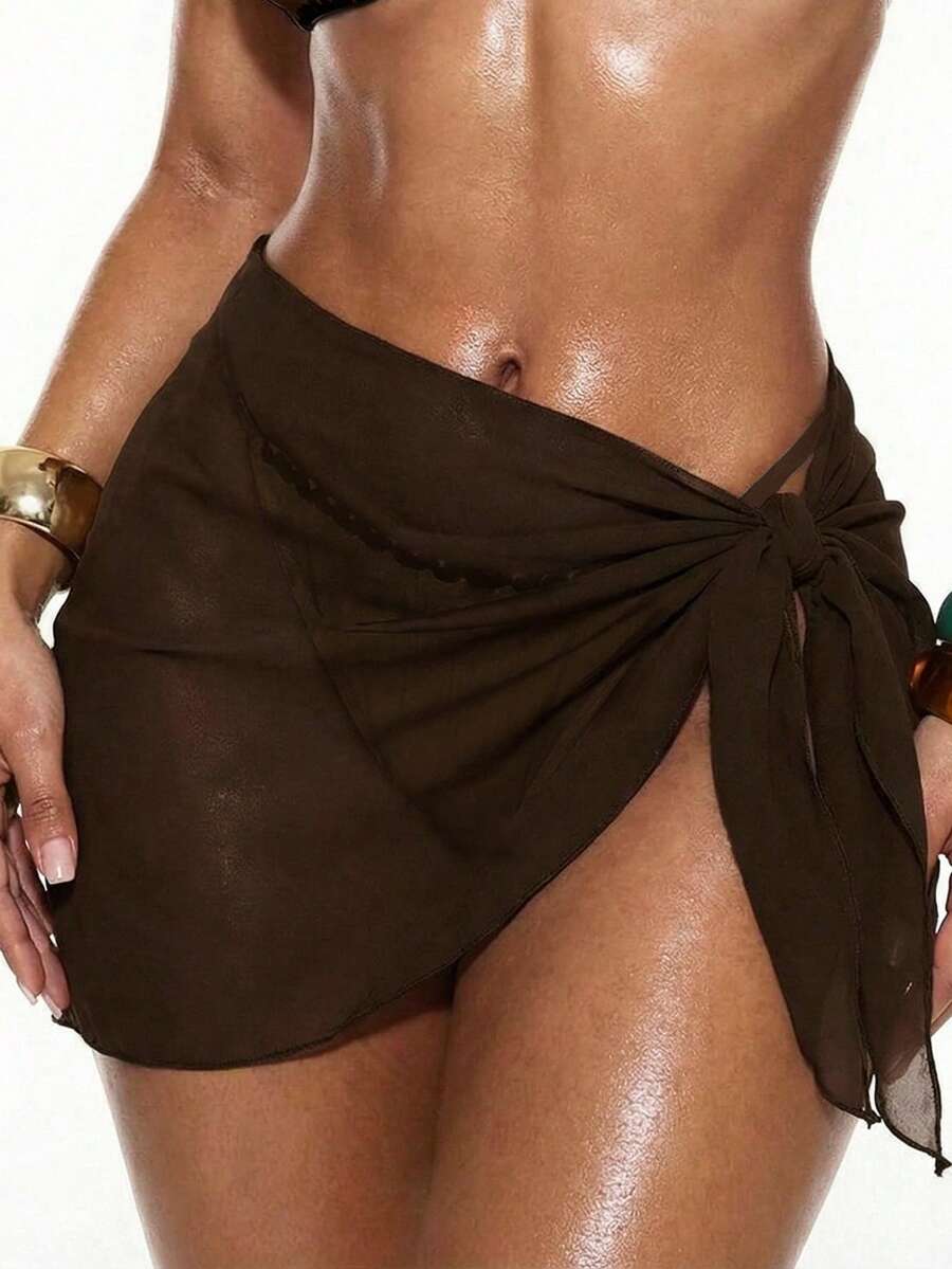 Swim Basics Falda pareo de verano de unicolor con nudo lateral para mujer, ideal para la playa y vacaciones - Marrón - Ver 1