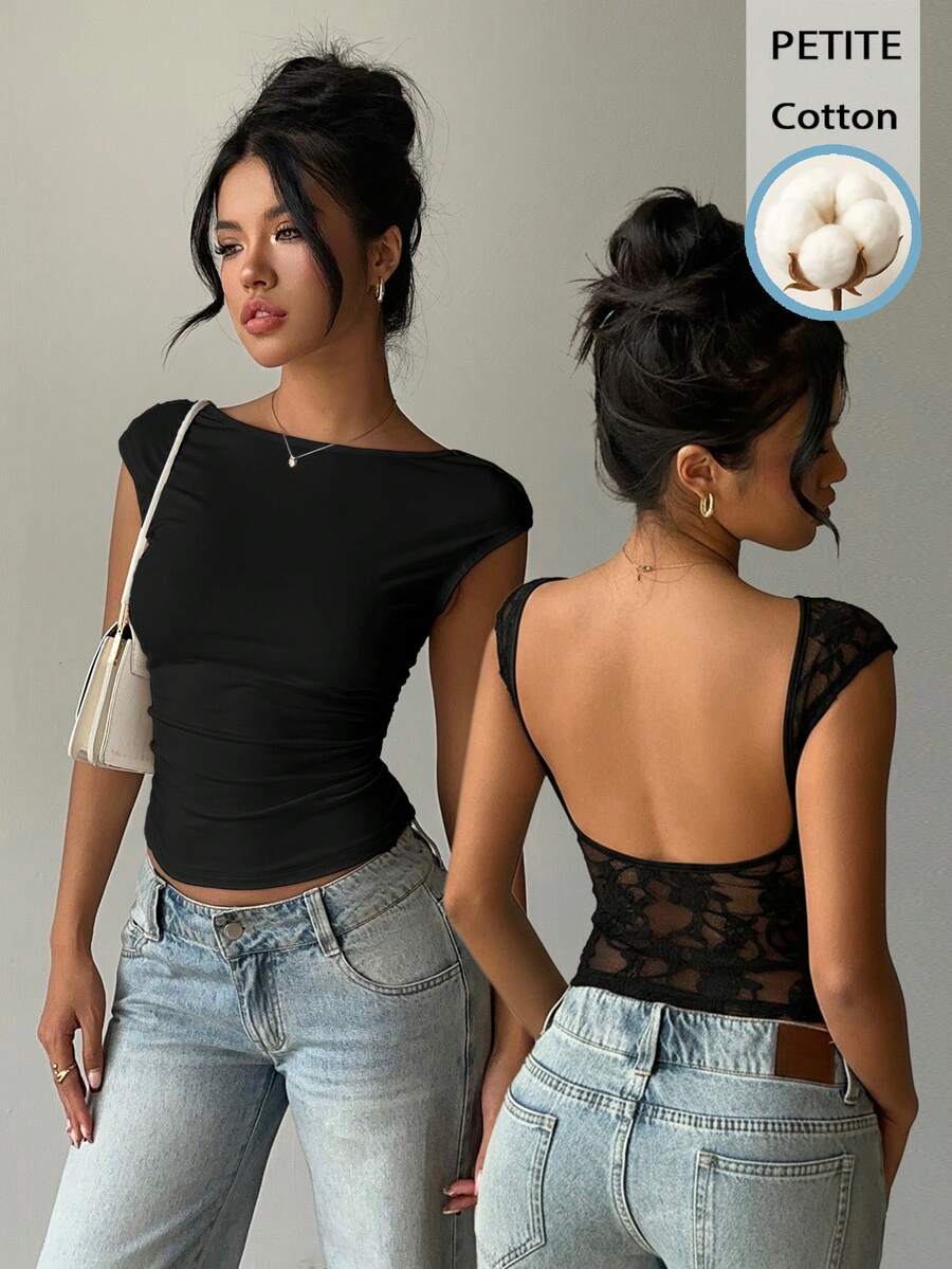 Aloruh 小巧性感款95%棉蕾丝拼接短袖T恤，露背短款上衣，适合春夏、派对、海滩穿着 - 黑色 - 查看 1