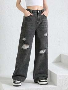 SHEIN 女孩的意识形态 Y2K 夏季水洗破洞宽松阔腿牛仔裤 - 深灰色 - 查看 1