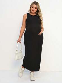 Plussiva Plus Size Pregnant Women's Casual Solid Color Sleeveless Fitted Dress, Summer - Black - View 4