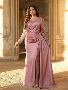 Aureia Plus Size Elegant Dusty Pink Sequin Satin Gown,Spring Formal Evening Prom Dress With Sheer Long Sleeve,V-Neck Ruched Fishtail Hem Wedding Party Gown - Dusty Pink - View 4