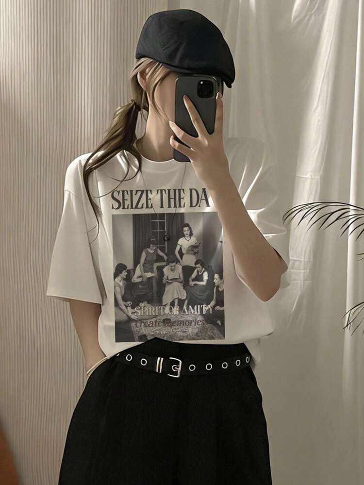 Women's Casual Figure Print T-Shirt, Summer Oversized