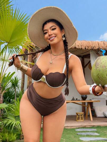 Swim Lushoire Bộ bikini hai mảnh cỡ lớn dành cho nữ, trang trí vỏ sò kim loại, thích hợp cho kỳ nghỉ biển, chất lượng cao cấp.