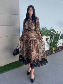 Hitanina 优雅女士长袖豹纹雪纺撞色蕾丝连衣裙，秋冬 - 彩色 - 查看 5