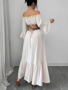 Selianne Women's Elegant Beige Autumn Boho Vacation Off-Shoulder Lace Ruffle Tie Bow Flare Sleeve Jacquard Floral Waist Belt A-Line Retro Palace Dress - Apricot - View 2