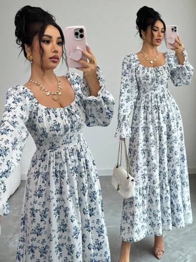 Rafferiza Blue Ditsy Floral Square Neck Long Sleeve Flared Waist Slimming Back Pleated Long Dress For Women, Spring/Summer Blue And White Floral Dress Blue And White Dress Women Long Floral Dress Women Long Sleeve Summer Dresses Elegant Floral Dresses For Women Women Spring Dress Elegant Dresses For Women Summer Dresses For Women