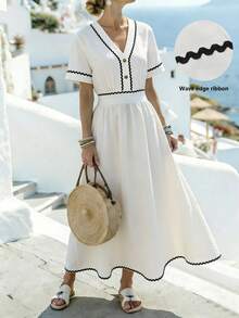 SHEIN Franclia Women's Summer Elegant White And Black Polka Dot Dress,V-Neck Short-Sleeved Long A-Line Silhouette,Wavy Ribbon Details,Brunch Vacation Office Party - Apricot - View 4