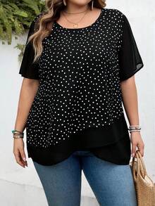 SHEIN CURVE+ قميص كاجوال بأكمام قصيرة وياقة مستديرة للنساء ذوات الأحجام الكبيرة مطبوع بنقاط بوهيمي لموسم الربيع، مناسب لحفلات الموسيقى والعطلات الساحلية، المقاس الأمريكي 22 - الأسود - مشاهدة 6