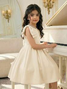 Tween Girl Spring/Summer Elegant Beaded Dress With Large Bow Decor, Apricot, Tween Girl - Apricot - View 5