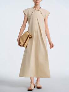 Aalyst 女士春夏新品，简约休闲时尚，通勤及派对日常百搭连衣裙，不对称褶皱设计，3D立体剪裁，米色A字连衣裙 - 杏色 - 查看 7