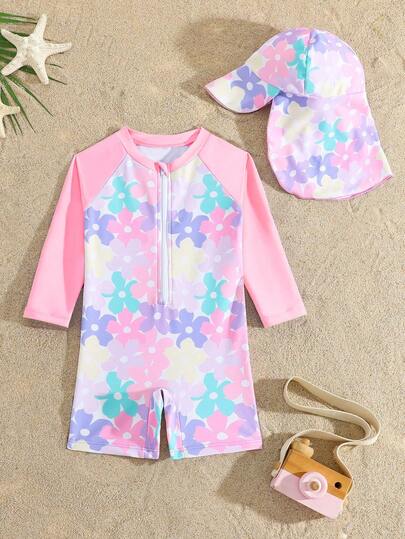 Baby Girl Floral Print Rash Guard & Shorts Swimsuit Set, Colorful Floral Sun-Protective One-Piece Swimsuit + Matching Sun Hat Two-Piece Set. Baby Girl Long-Sleeved, Half-Zip, Skin-Friendly, Quick-Drying Baby Girl's Swimwear. Perfect For Baby's Summer Vacation At The Beach, Pool, Or For Water Play.