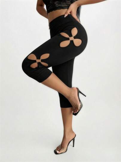 SHEIN SXY Summer Sexy Solid Color Floral Hollow Out Leggings,Summer ,Spring ,Vacation,Beach,Black ,Going Out ,Capri Pants,Sport ,