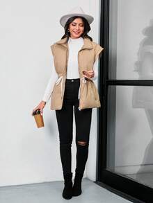 SHEIN LUNE Women's Casual Multi-Function Detachable Sleeve Waist Down& Feathers Coat - Khaki - View 4