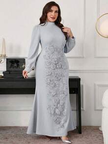 Modelyn Plus Size Women Floral 3D Decor Elegant Cinched Waist A-Line Dress - Baby Blue - View 5