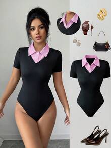 Selianne 女士条纹拼接二合一短袖连体衣 - 黑色 - 查看 1