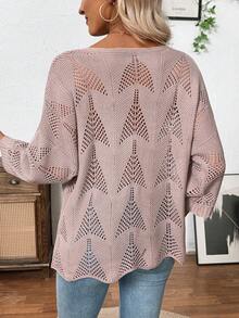 EMERY ROSE Unique Design Hollow-Out Knit Sweater For Women, Loose Fit 3/4 Sleeve Round Neck Cardigan, Spring/Summer - Khaki - View 2