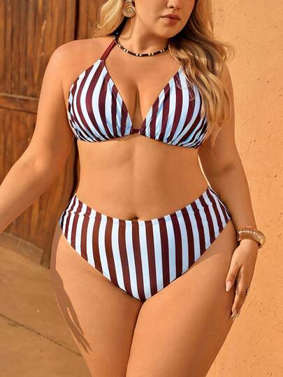 SHEIN Swim Curve Plus Size Women 2pcs Printed Halter Top And Triangle Bottoms Bikini Swimsuit, Vacation Beach