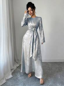 Elenzga 女士优雅休闲通勤度假下午茶派对纯色金属箔面料圆领交叉系带A字长袖连衣裙，春/秋/冬特殊场合晚礼服银色金属连衣裙女士正式连衣裙女士连衣裙优雅经典 - 淺藍色 - 查看 6
