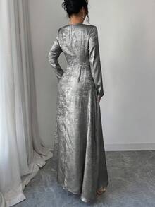 Elenzga 女士优雅休闲通勤度假下午茶派对纯色金属箔面料圆领交叉系带A字长袖连衣裙，春秋冬女士连衣裙正式礼服婚礼宾客礼服女士长袖连衣裙优雅经典长袖连衣裙 - 黑色 - 查看 2