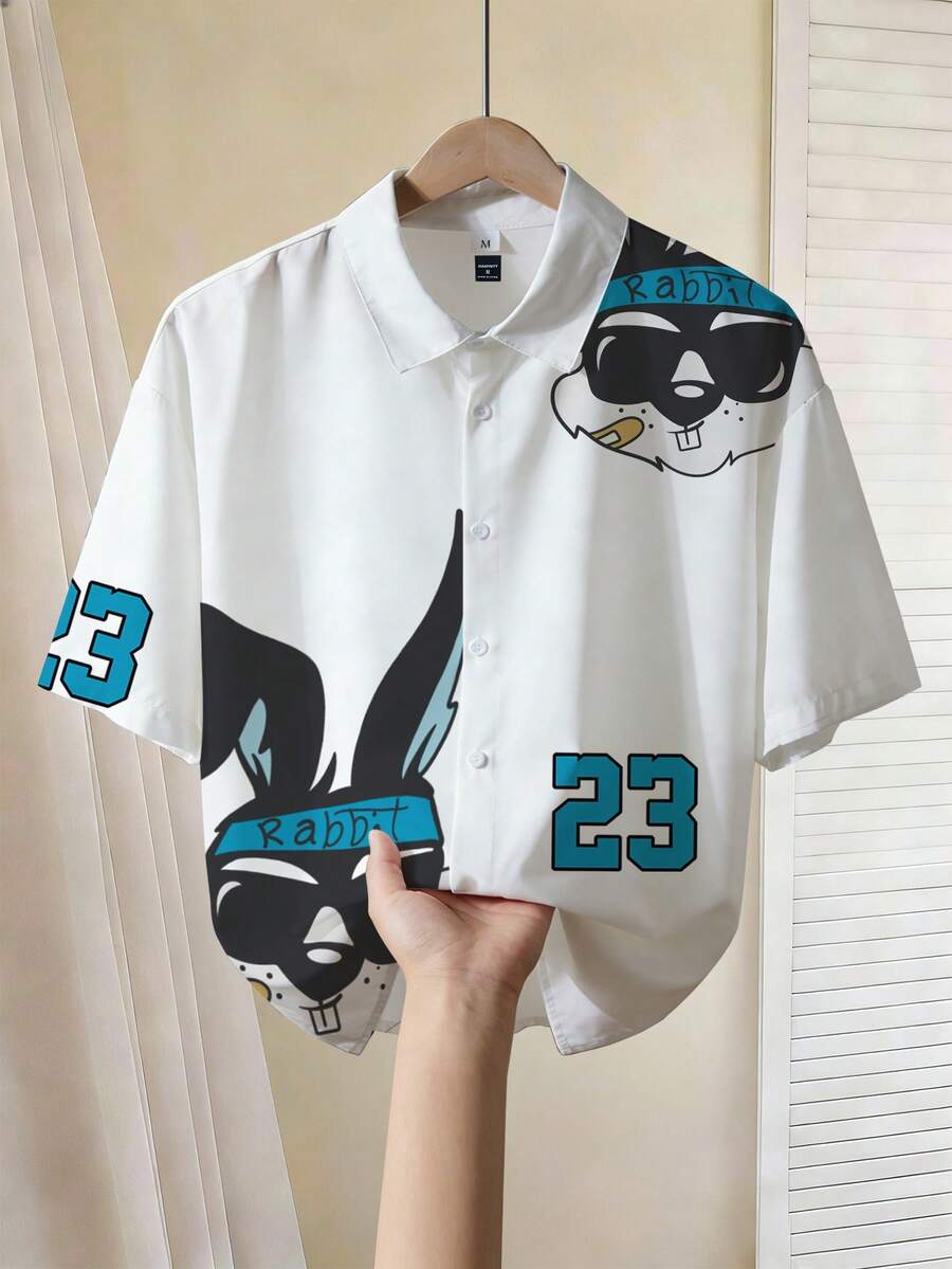 Chillumni Camisa de manga corta casual con estampado de conejo de estilo retro americano para hombres, estampado de conejo y número 23, unisex - Multicolor - Ver 1