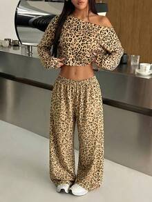 SHEIN EZwear Leopard Print Knit Asymmetric Collar Casual Long Sleeve Sweatshirt Leopard Top Cheetah Print Leopard Print - Khaki - View 5