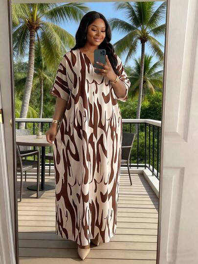 SHEIN Lady CURVE 秋冬休闲白色梭织缺口裹身连体袖长裙大码连衣裙秋季女装外出服女式长袍四季复活节连衣裙女式沙滩装女士商务休闲女装