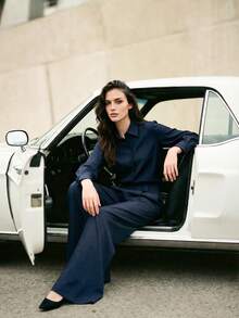 Anewsta Blusa de manga larga con cuello de adorno de concha, elegante y versátil para el trabajo y el uso diario - Azul Marino - Ver 2