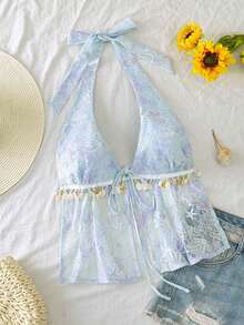 INAWLY 女士蕾丝结亮片拼接露背吊带休闲背心 - 藍色 - 查看 1