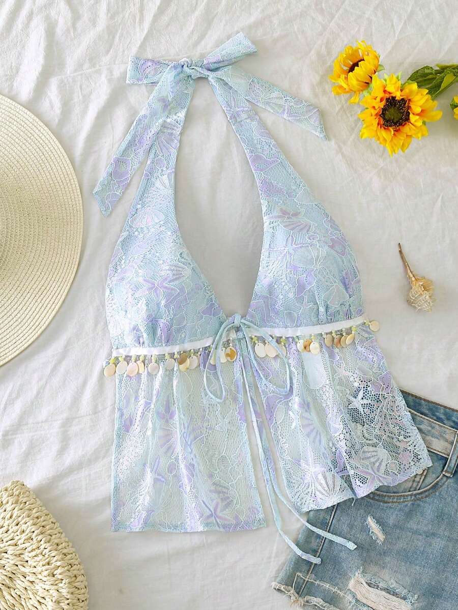 INAWLY 女士蕾丝结亮片拼接露背吊带休闲背心 - 藍色 - 查看 1