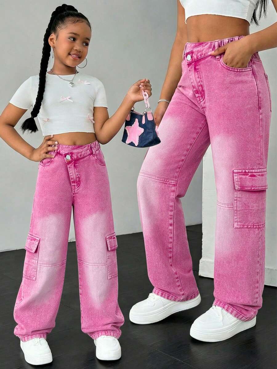 Tween Girls Y2K Style Pink Washed Denim Cargo Pants, Loose Straight Leg, Soft & Comfortable Fabric, Fashionable Streetwear, Girls Jeans Suitable For Outdoor, Festivals, Parties, Seasonal New Arrival Cargo Wide Leg Color Jeans Teen Girls Girl Heart Graphic Straightleg Jeans Pink