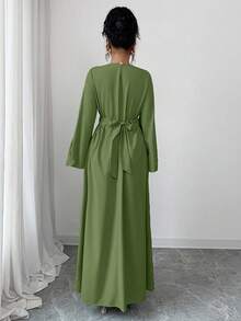 Rafferiza Women's Loose V-Neck Ruffle Hem Long Sleeve Robe, Turkish Robe, Arabian Robe - Olive Green - View 2