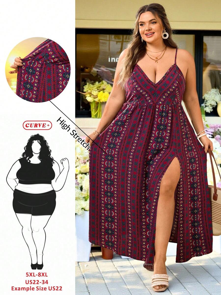 SHEIN CURVE+ Curve Size US22音乐节、海滨度假、波西米亚风大码女士度假长裙、度假长裙、沙滩度假