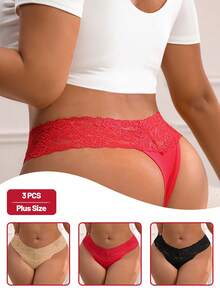 NudeFit 3pcs Women Plus Size Low-Waist Solid Color Floral Lace Sexy Thong Panties - Multicolor - View 5