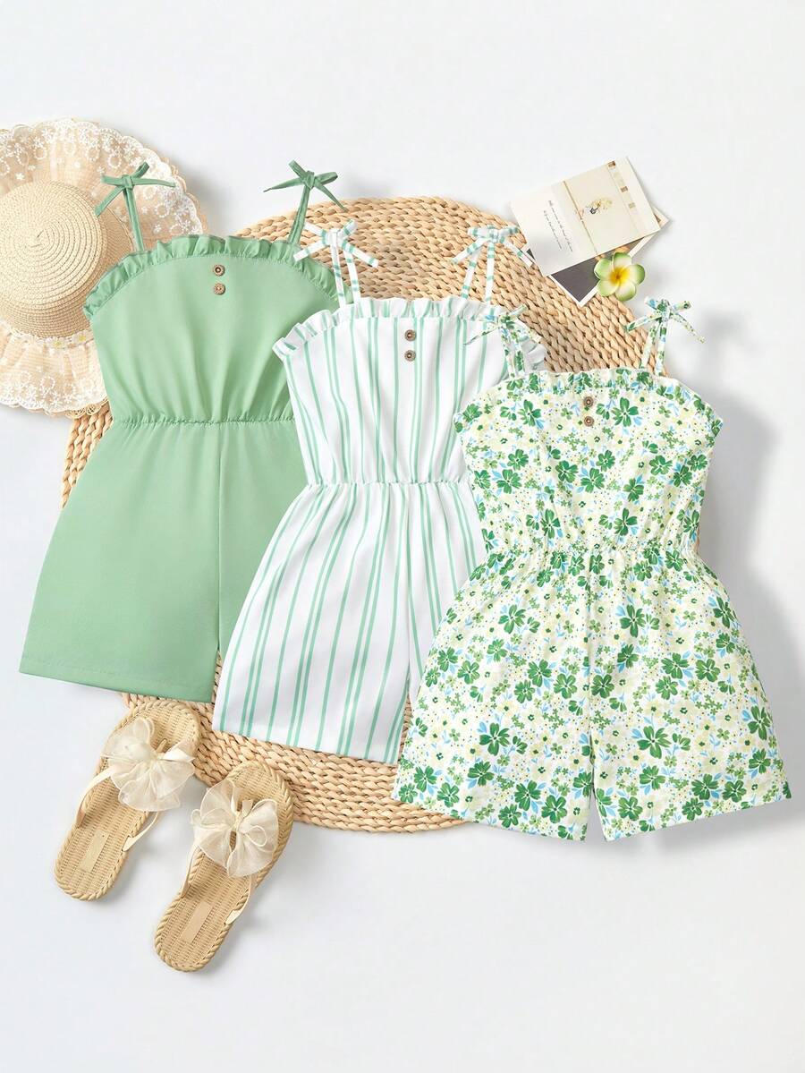 SHEIN Genkimix Kids 3件套少女休闲度假可爱碎花条纹纯色连体衣，适合多子女家庭、海滩度假、户外玩耍、上学等场合。 - 綠色 - 查看 1