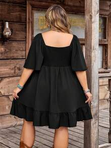 SHEIN CURVE+ Đầm nữ dáng ôm US22, kiểu Bohemian, cổ vuông, tay bồng, thêu họa tiết, thích hợp cho kỳ nghỉ biển và lễ hội âm nhạc. - màu đen - Xem 2