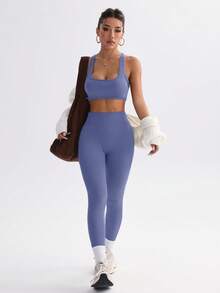 Easithlete Easithlete 两件套女士纯色后系带吊带背心和紧身裤运动套装，休闲运动健身服，适合中国新年瑜伽服/瑜伽服 - Bold Plum - 查看 4