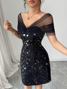 Modelyn Women's Elegant Summer Mesh Patchwork Sequin Decorated Mini Dress,Summer Dresses For Women - Black - View 6