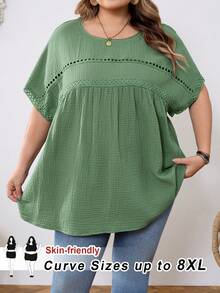 SHEIN CURVE+ 加大码 US22 音乐节、海滨度假、波西米亚风休闲纯色蝙蝠袖衬衫 夏季/乡村/海滩度假/沙滩装、夏季上衣 - 綠色 - 查看 9