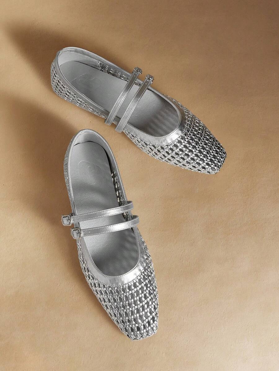 Rosivie Zapatos de mujer con punta cuadrada pequeña, suela plana, plateados, tejidos a mano, cómodos, transpirables, con correa elástica, de moda y versátiles, zapatos planos tipo Mary Jane para vacaciones y salidas de mujer - Plata trenzada - Ver 1