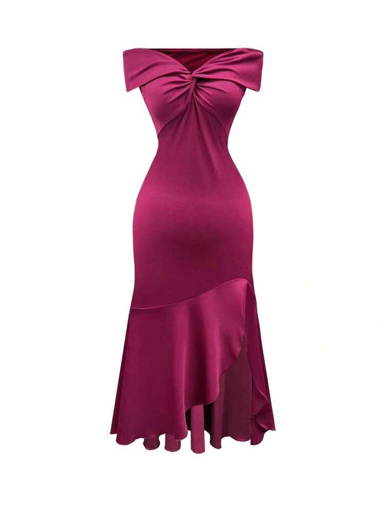 NostaNoir Vestido ajustado con hombros descubiertos y efecto retorcido para mujer de talla grande elegante y sexy - Rosa Fucsia - Añade 3